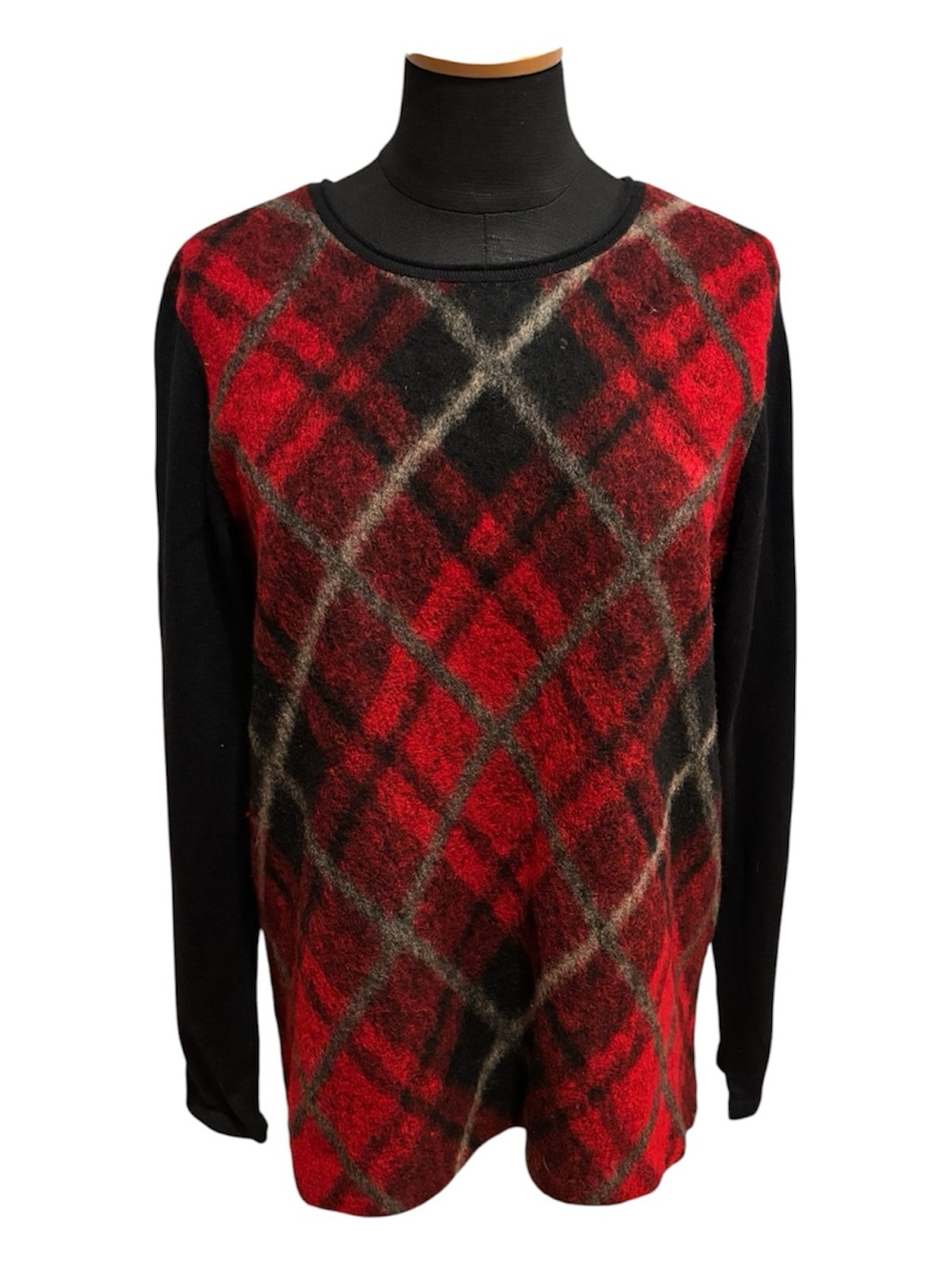 J.Jill Red Black Diamond Plaid Wool Cotton Sweater Top Cabincore Size M
